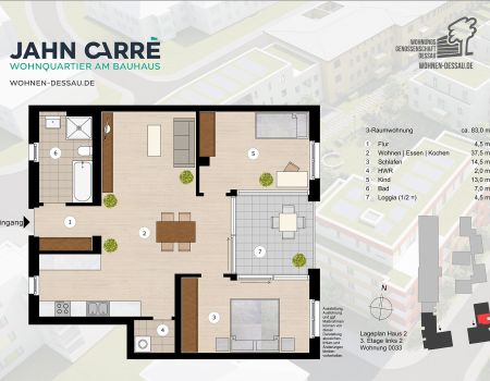 3. Etage links, 3-Raumwohnung ca. 83 m²