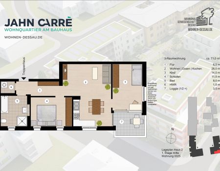 1. Etage mitte, 3-Raumwohnung ca. 71 m²